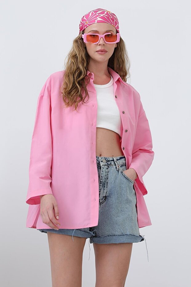 Kadın Geniş Kollu Basic Pamuklu Gömlek - 20655GML - Pembe - 2