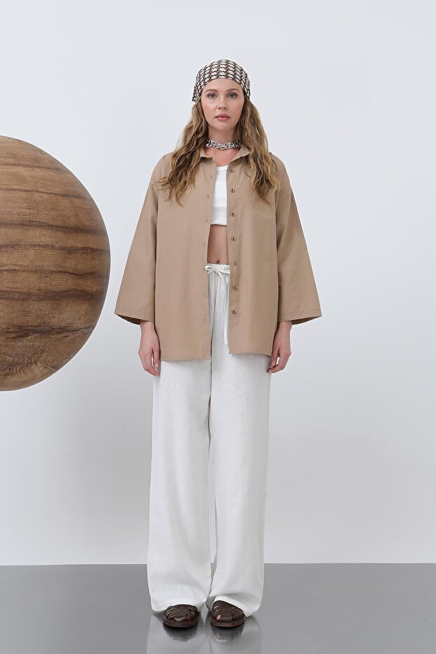 Kadın Kol Detaylı Basic Gömlek - 20655GML - DARK BEIGE - 4