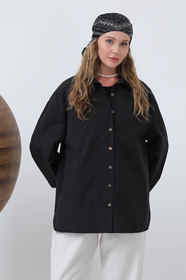 Kadın Kol Detaylı Basic Gömlek - 20655GML - Siyah - 2