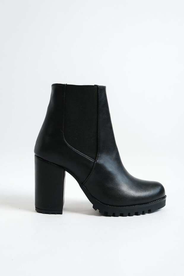 Mbzfr5010D-S Women's Black Thick Heeled Short Boots&Bootie with Elastic Sides