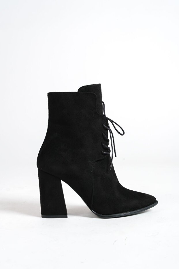 Mbess4-S Women's Black Suede Thick Heeled Lace Detailed Zippered Boots & Bootie