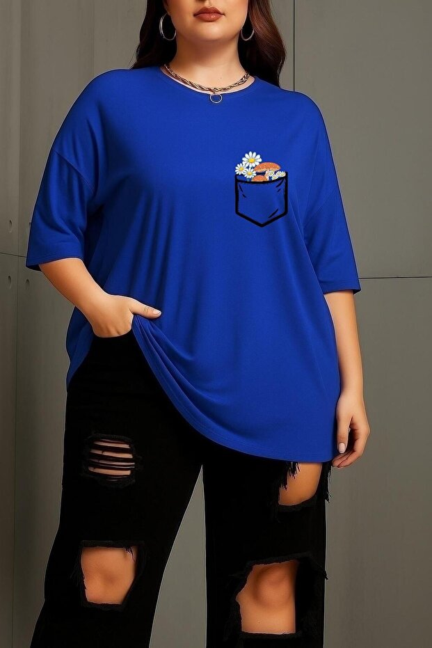 Large Size Pocket Flower Printed Unisex T-Shirt