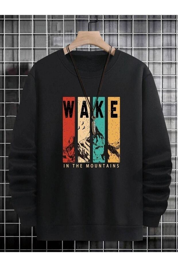 سويت شيرت Wake - رقبة دائرية كبيرة الحجم مطبوعة باللون الأسود
