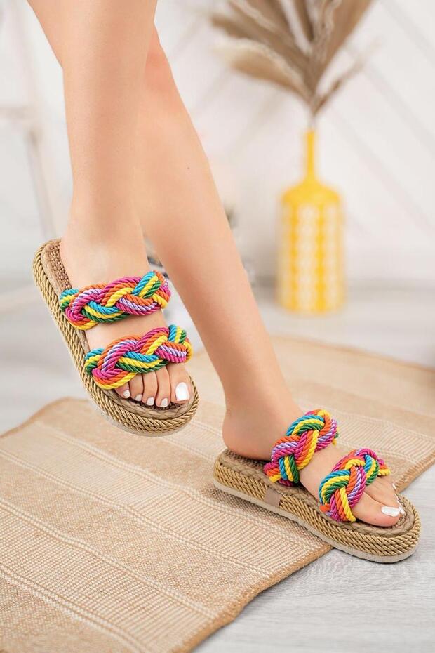 Rainbow Tan Stripe Knitted Rope Slippers