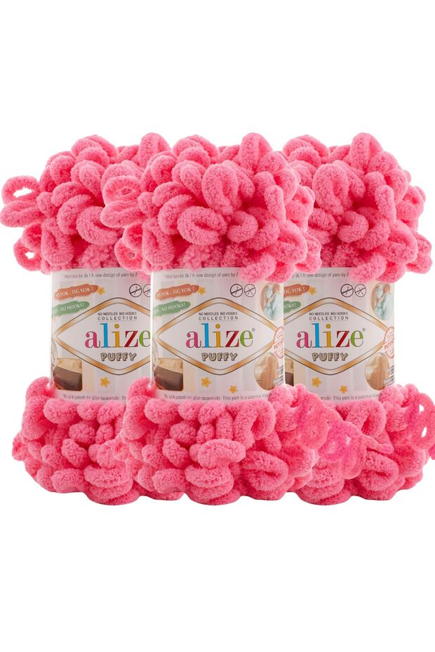 Puffy 3 Pack Hand Knitting Yarn - No Needles - 100g X 3 Pieces - Color No: 377 - Vibrant Pink