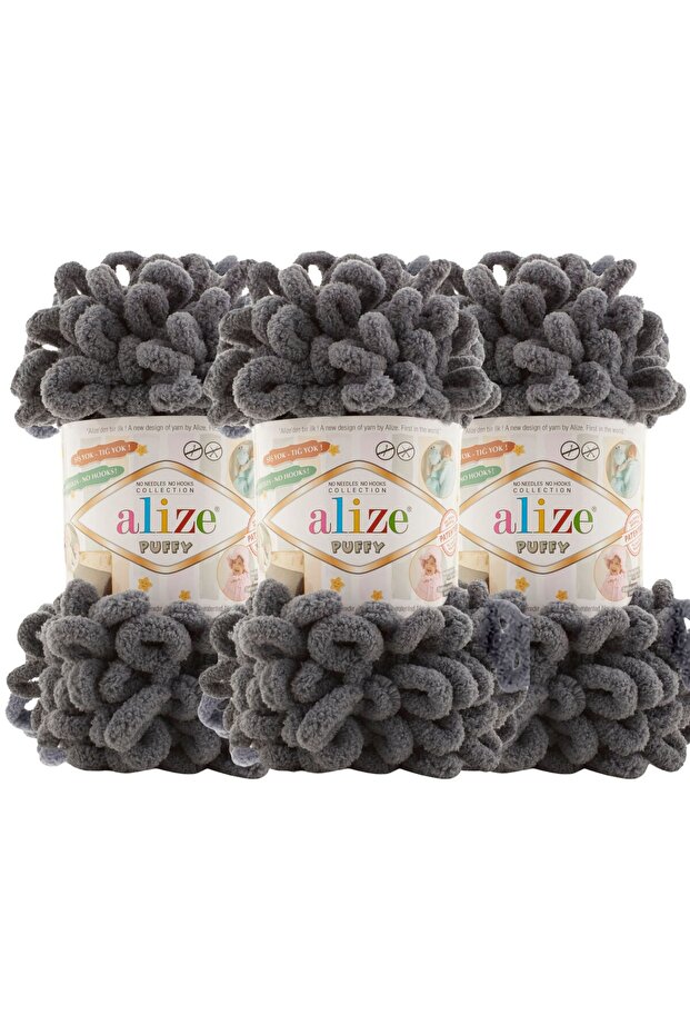Puffy 3’lü Paket El Örgü İpi - Şişsiz – 100g x 3 Adet – Renk No: 53 - Kömür Gri - 1