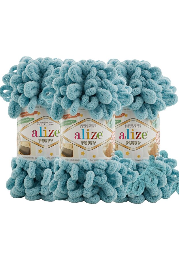 Puffy 3’lü Paket El Örgü İpi - Şişsiz – 100g x 3 Adet – Renk No: 414 - Azur - 1