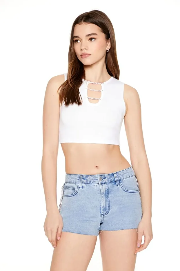 Rhinestone Denim Şort - 1