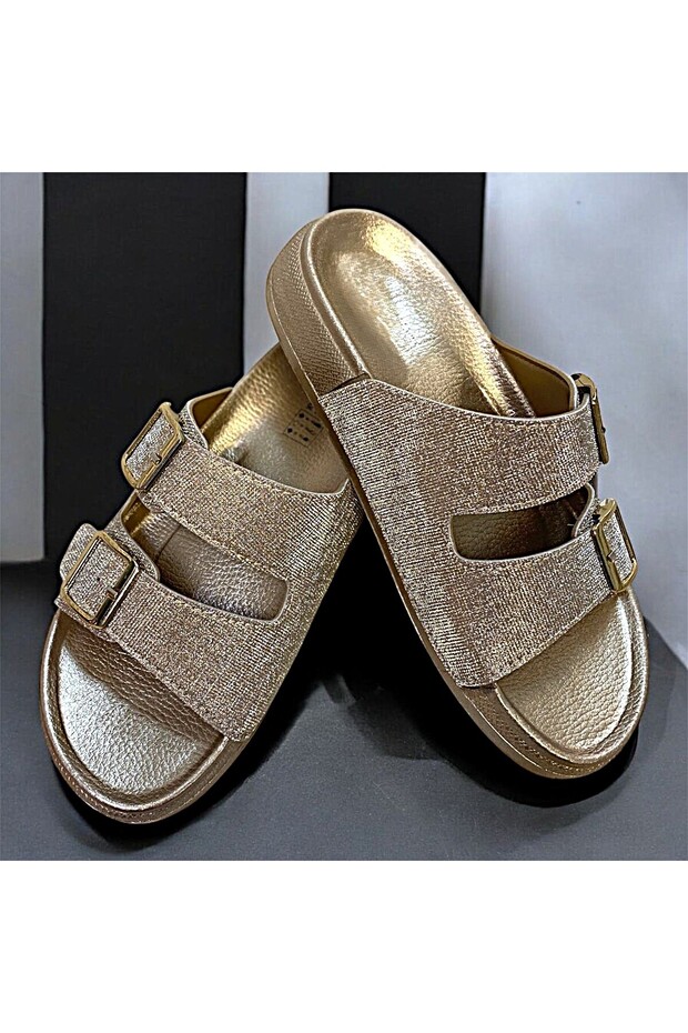 Gold Orthopedic Slippers with Silvery Buckle