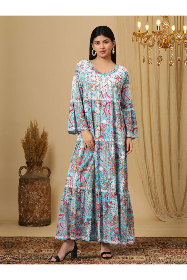 Hand Embroidered Chikankari A-Line Gathering Pattern Mulmul Cotton Jalabiya-AL3673