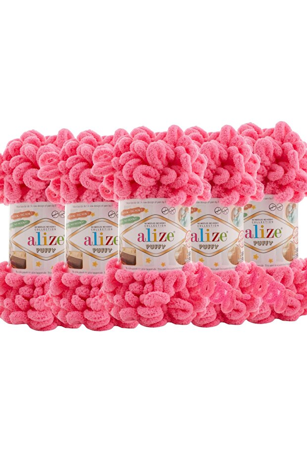 Puffy 5 Pack Hand Knitting Yarn - No Needles - 100g X 5 Pieces - Color No: 377 - Vibrant Pink