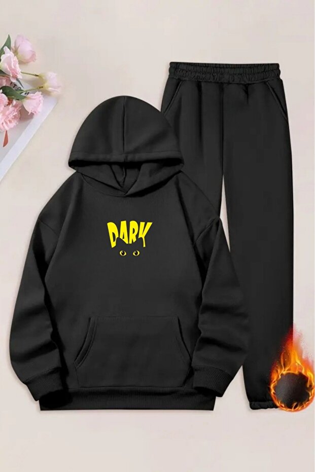 Unisex Black Dark Printed Tracksuit Hoodie - Winter Raised Fabric