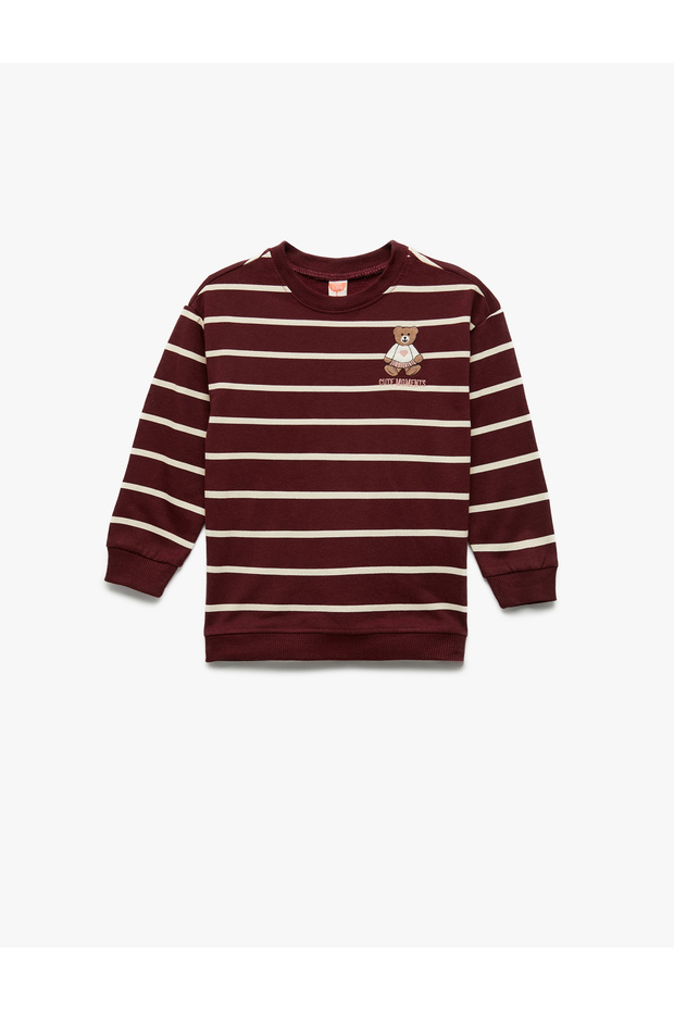 Raised Teddy Bear Printed Long Sleeve Crew Neck Striped Sweatshirt