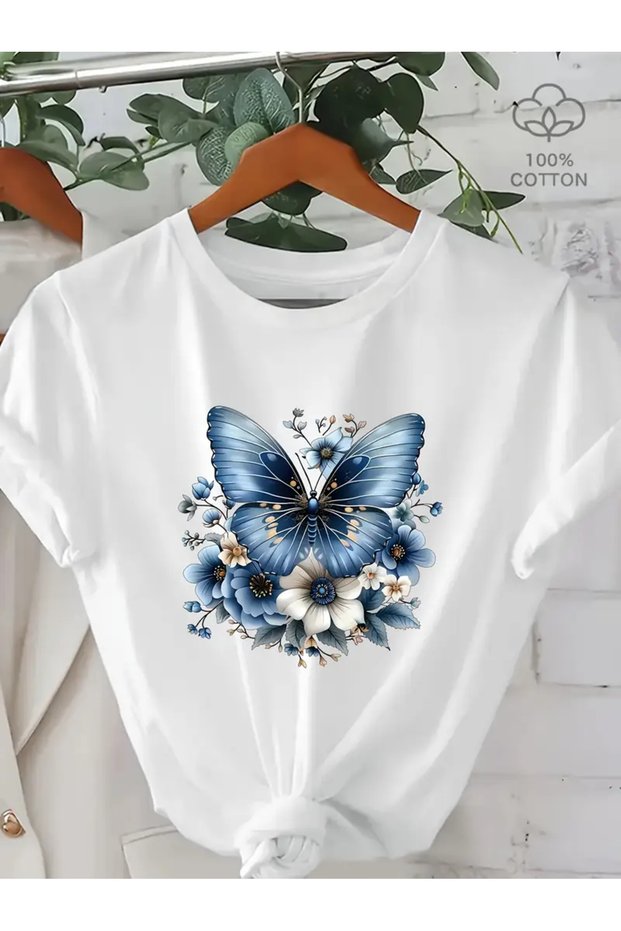 Unisex Cotton White Oversize "Blue Butterfly and Flower" Printed Crew Neck Comfortable T-Shirt