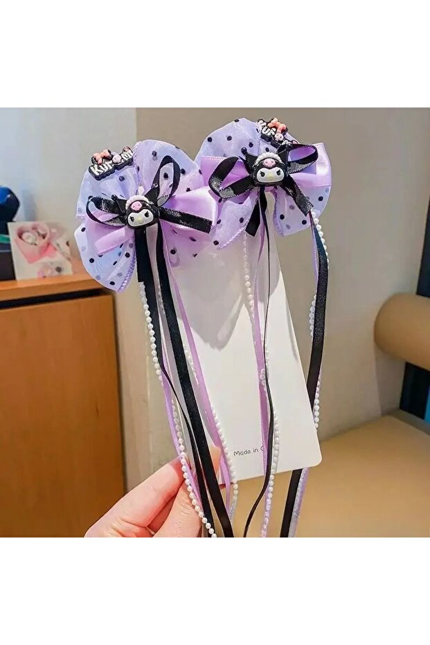 Kuromi Anime Model Black Lilac Organized Bow Detailed Mesh Rubber Pearl 2-Piece Clamp Buckle