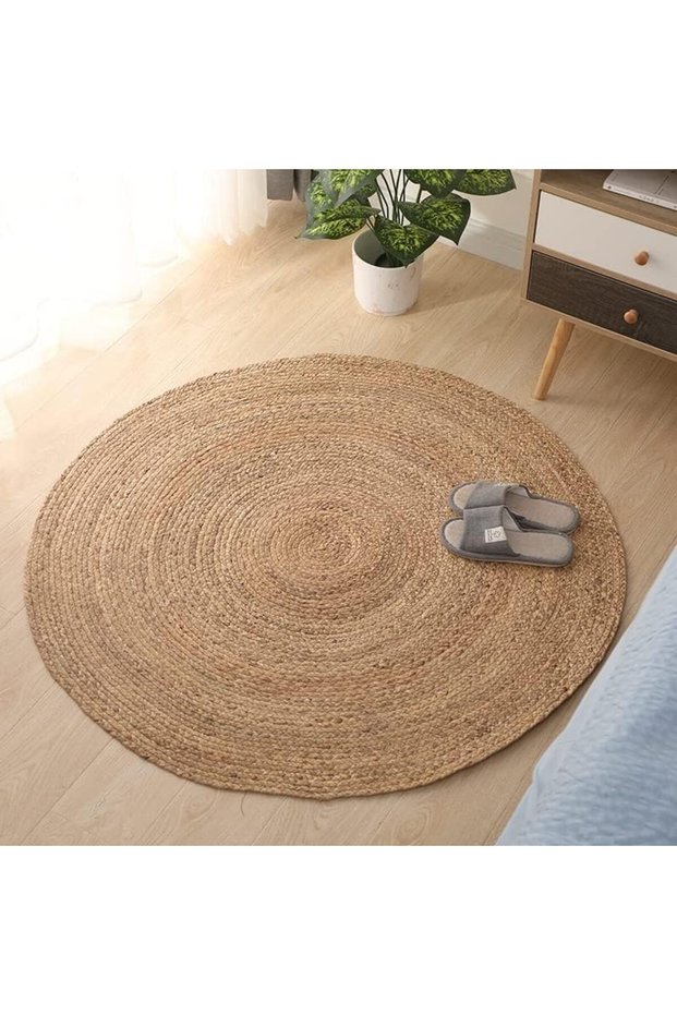 FFD Natural Hand-Braided Jute Round Rug – Reversible Floor Covering for Living Room, Bedroom