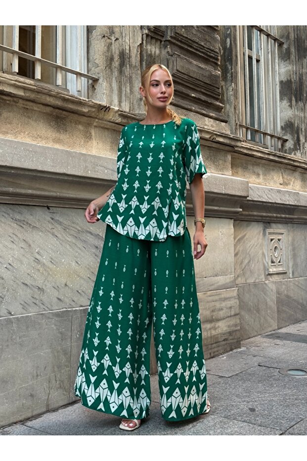 Viscose Fabric Patterned Wide Leg Bottom Top Set - 3
