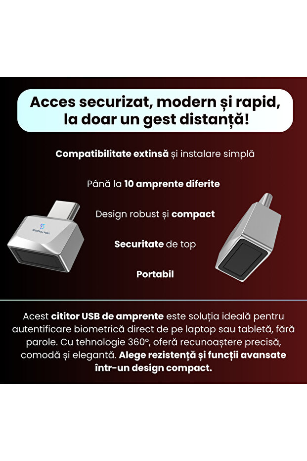 USB-C fingerprint reader model U10, advanced security, compatible with Android and IOS, plug&play, gray - 2