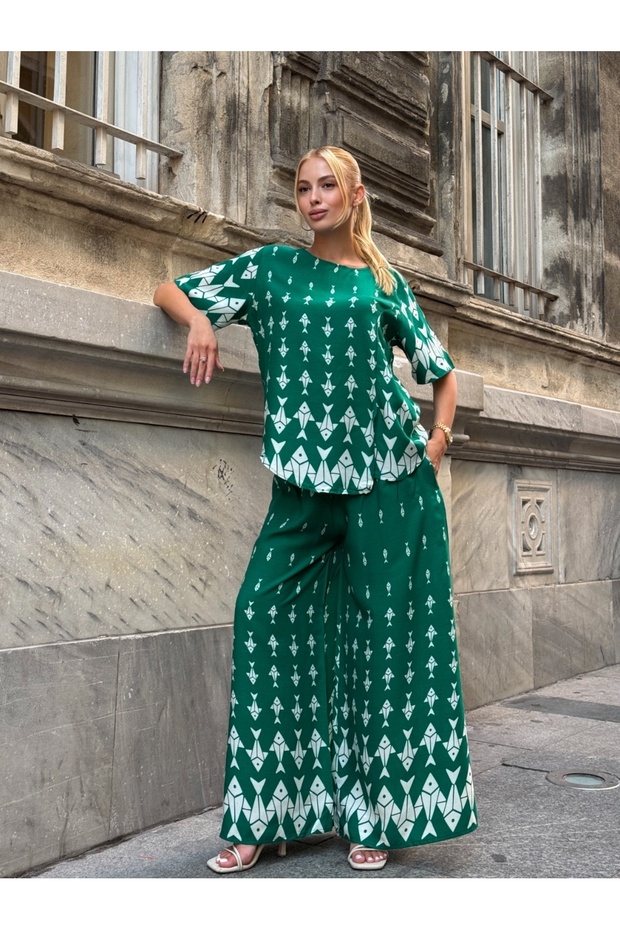 Viscose Fabric Patterned Wide Leg Bottom Top Set - 4