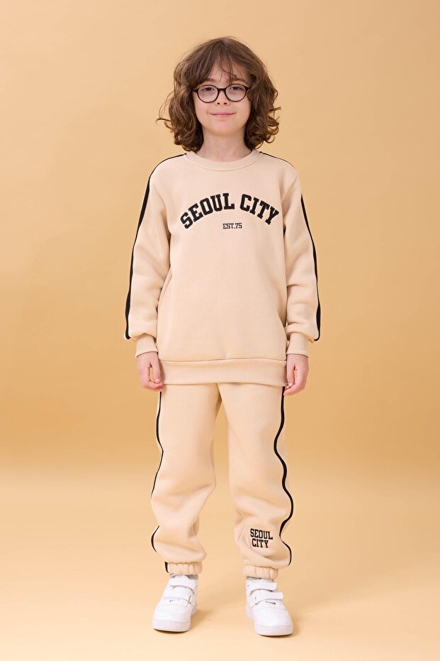 Boy's Appliqued Raised Crew Neck Double College Suit - Stone