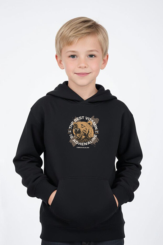 Hooded Collar Pocket Bear 1976 Printed Patterned Boy's Sweatshirt