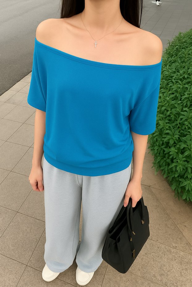 Dark Blue Women's Off Shoulder Boat Neck Oversize T-Shirt