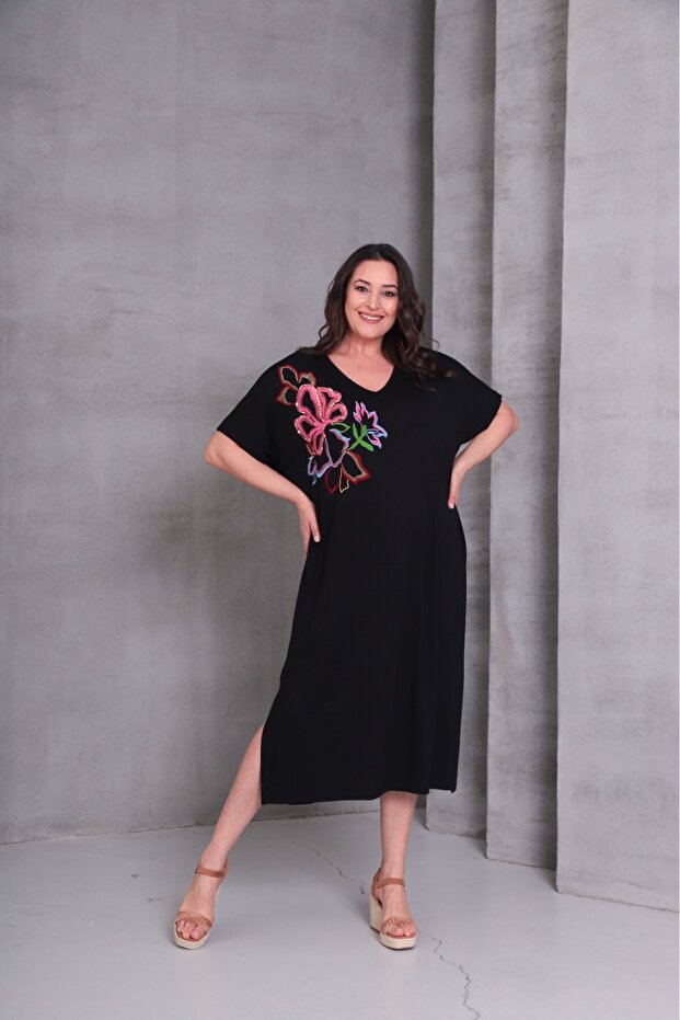 Viskon Oversize Elbise Nakışlı - 1