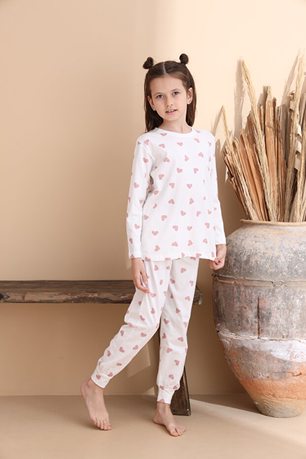 Kalp Desen Pamuklu Örme Uzun Kol Anne-Kız Pijama Takımı - 5