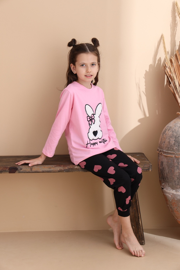 Pembe Kalp Desen Pamuklu Örme Uzun Kol Çocuk Pijama Takımı - 3