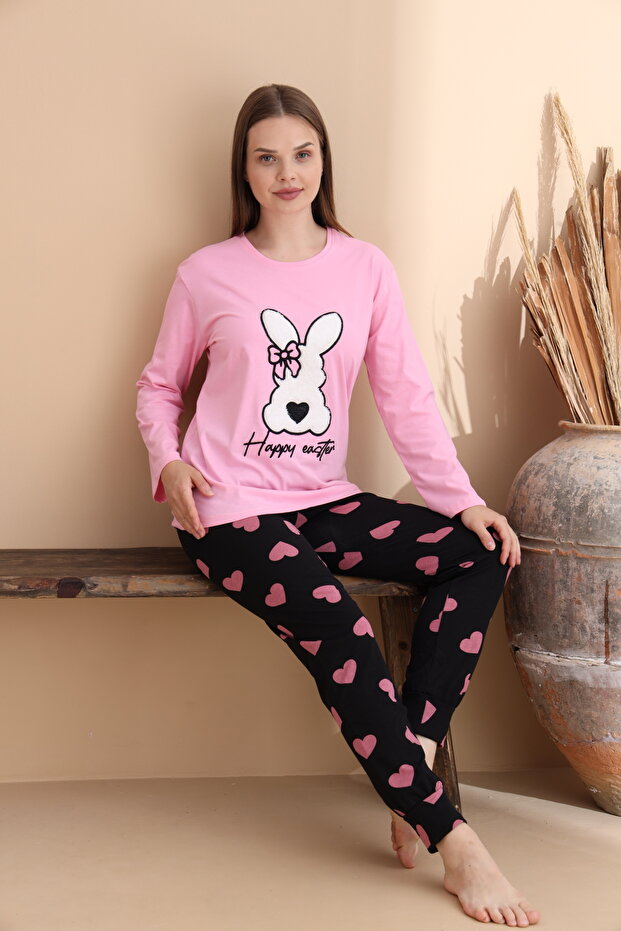 Pembe Kalp Desen Pamuklu Örme Uzun Kol Çocuk Pijama Takımı - 2