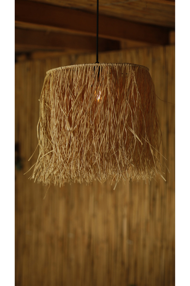 Bohem Saçaklı Hasır Sık Örme 1 Katlı Rafya Avize - Kafe, Sahil, Bungalov Aydınlatma (Siyah Duy) - 1