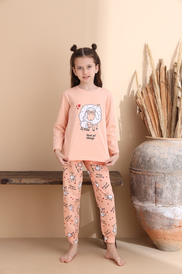 Somon Kuzu Desen Pamuklu Örme Uzun Kol Çocuk Pijama Takımı - 5