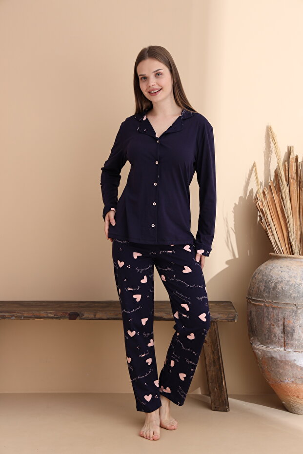 Lacivert Kalp Desen Pamuklu Örme Uzun Kol Çocuk Düğmeli Pijama Takımı - 4