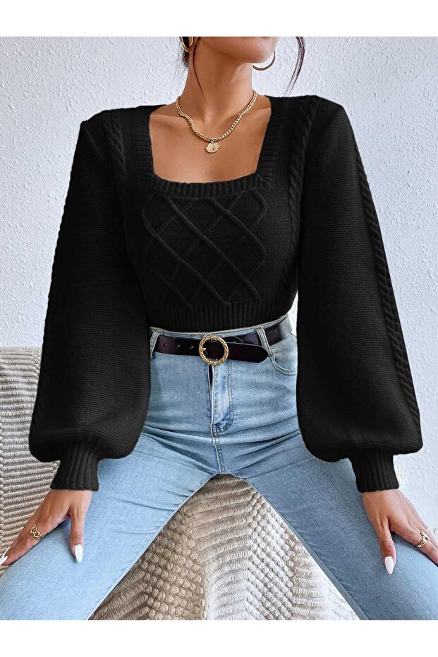 Chest Collar Balloon Sleeve Braided Knitwear Sweater