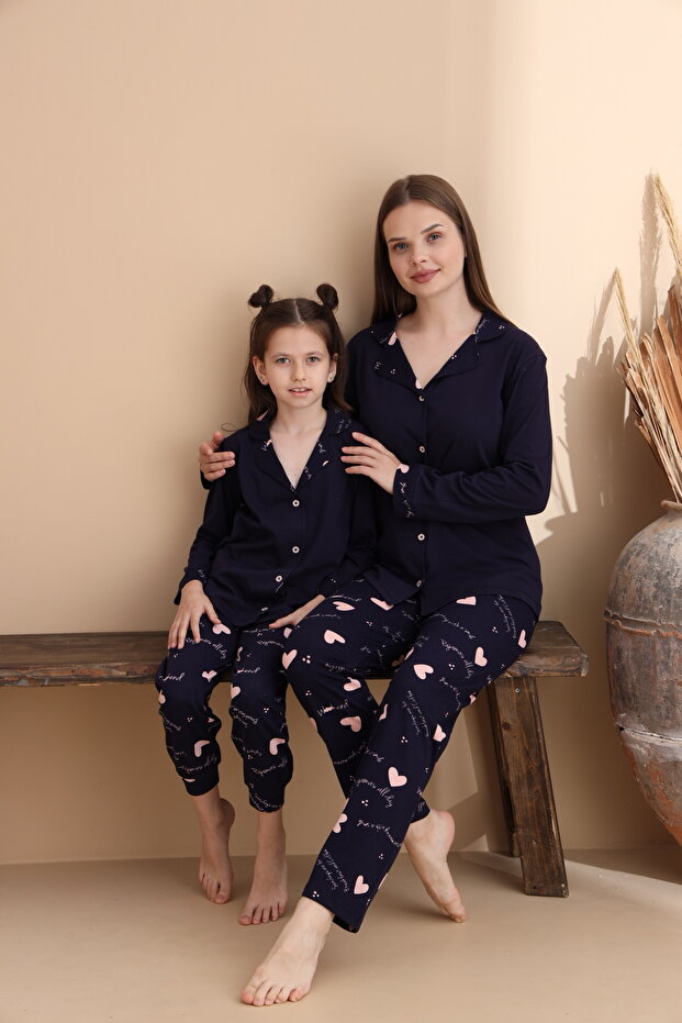 Lacivert Kalp Desen Pamuklu Örme Uzun Kol Çocuk Düğmeli Pijama Takımı - 1