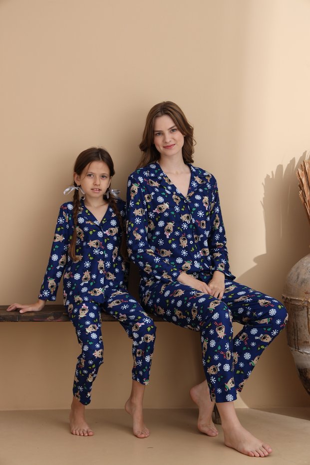 Mixed Pattern Suede Knitted Long Sleeve Mother-Daughter Buttoned Pajama Set