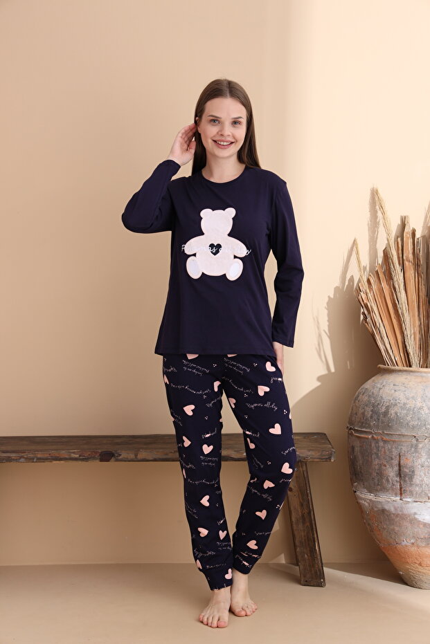 Lacivert Kalp Desen Pamuklu Örme Uzun Kol Çocuk Pijama Takımı - 4