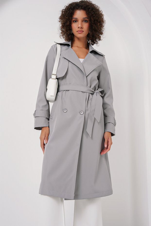 Women's Double Breasted Collar Trench Coat Gray 1198