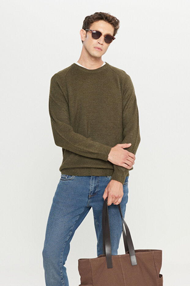 Men's Khaki Standard Fit Regular Cut Crew Neck Jacquard Knitwear Sweater