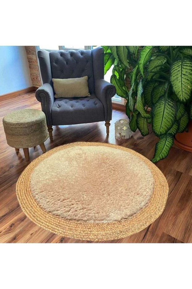 Round Jute Rug Carpet Floor Mate with Febric Furr Area Rug Carpet