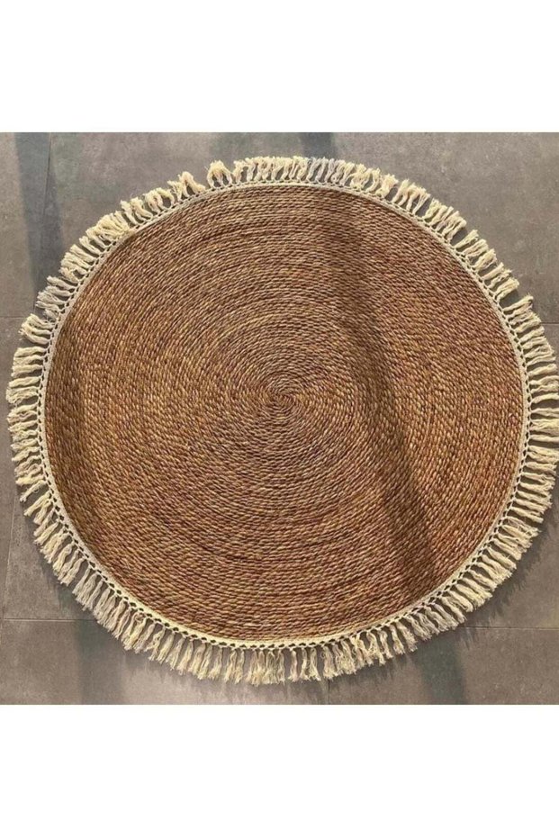 Jute Rug Carpet with Febric Fringes Round Area Jute Rug Carpet Floor Mat Hand Braided Natural Jute