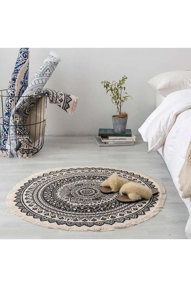 Bohemia Style Round Shaped Floor Mat Beige/Black 90 x 90cm