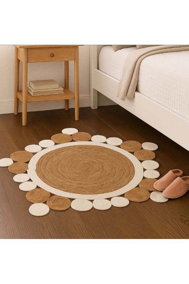 Natural Jute and Fabric Round Rug – Eco-Friendly Handwoven Carpet for Living Room, Bedroom, or Dini