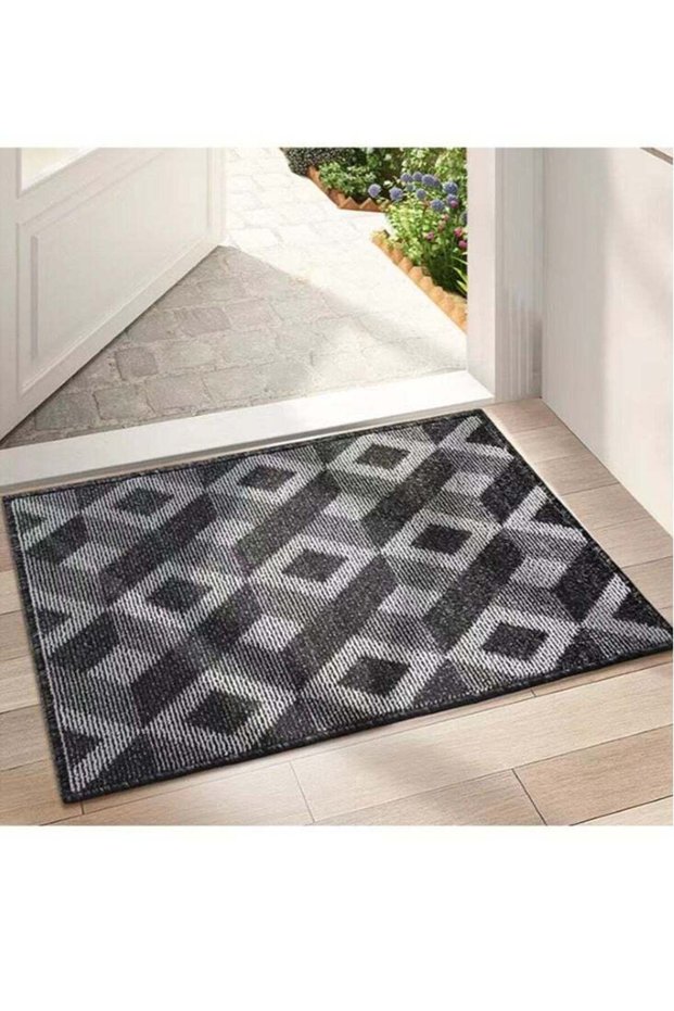 1-Piece Modern Geometric Non-Slip Doormat Outdoor Floor Mat Polypropylene Fiber Black/Grey 90x60 Ce