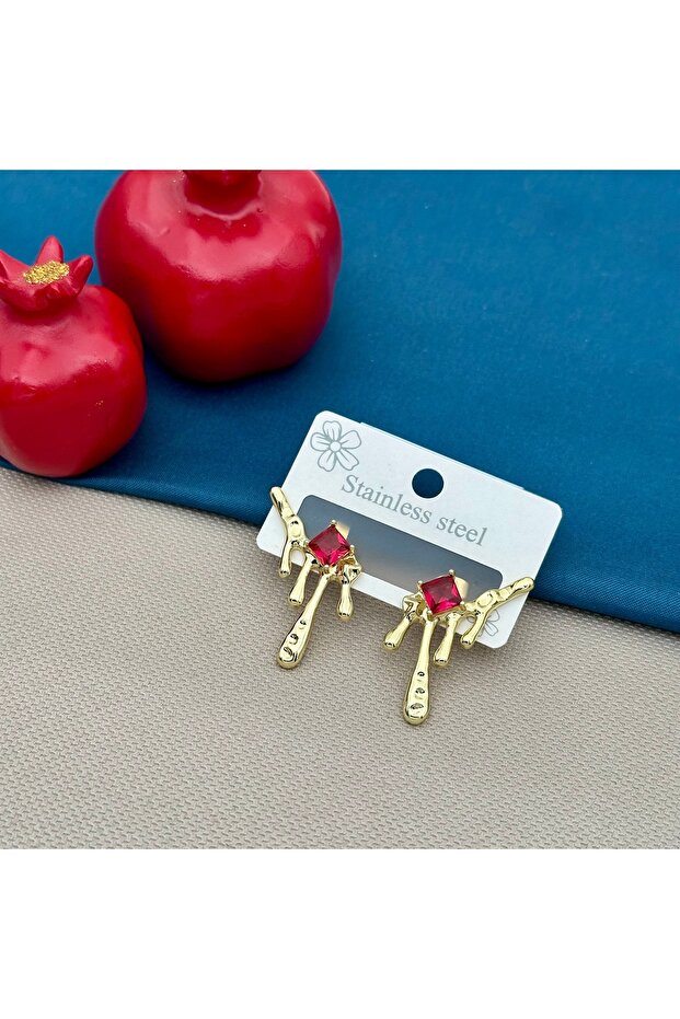 Steel Dark Pink Stone Flowing Water Drop Earrings