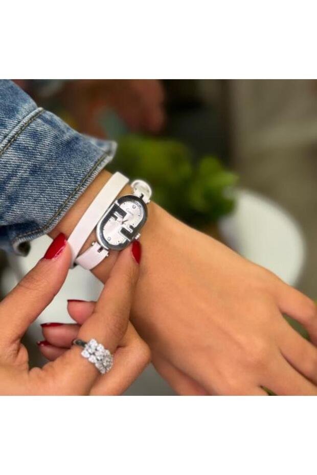 ساعة نسائية جلد أبيض إطار فضي ماركة كاتيرا