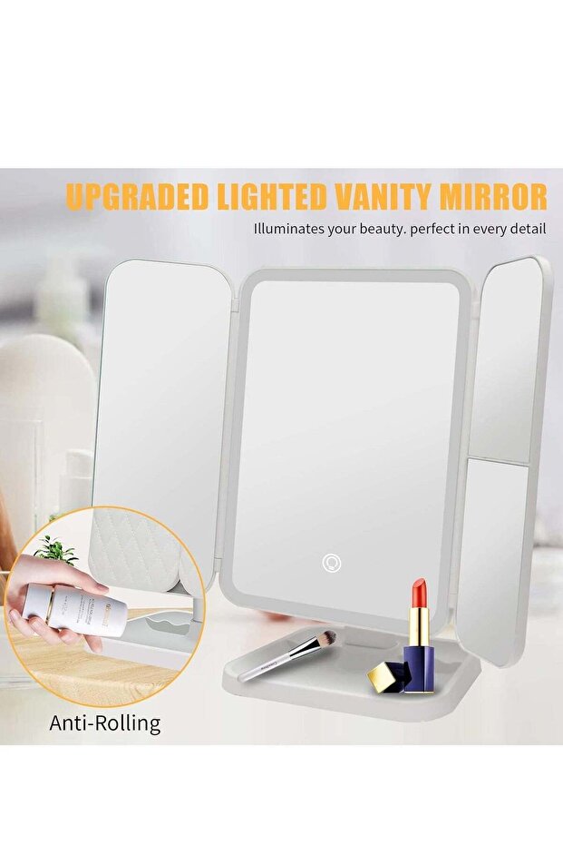 3-Fold Lighted Makeup Mirror, 5X/3X/1X Magnification, 52 LED Vanity Mirror, Touch Screen Control &