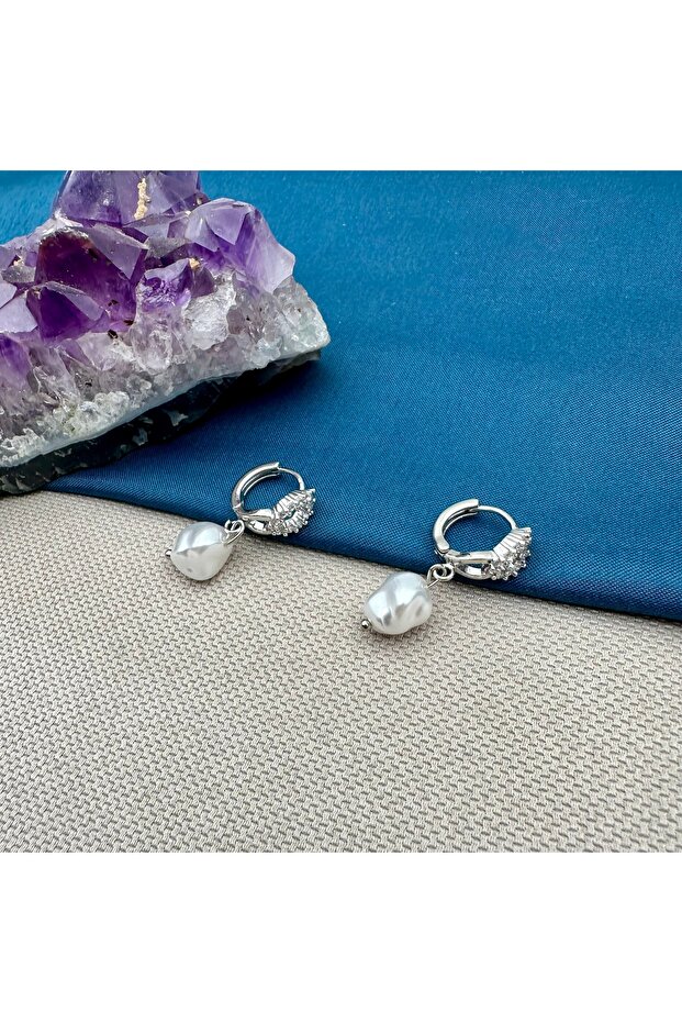 Steel Zircon Stone Hoop Pearl Earrings