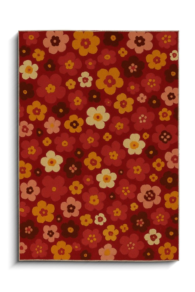 Mosso Red Theme Colorful Floral Flowers Patterned Woven Base Modern Decorative Carpet Mosso193Red