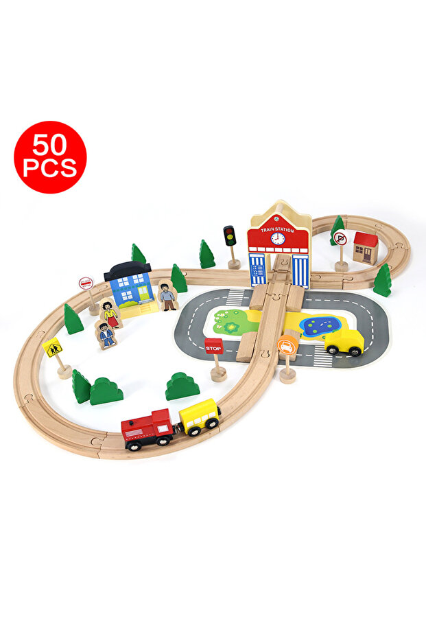 Wooden Train Set for Kids – 50 PCS Railway Track with Station, Figures & Signs | Educational Toy